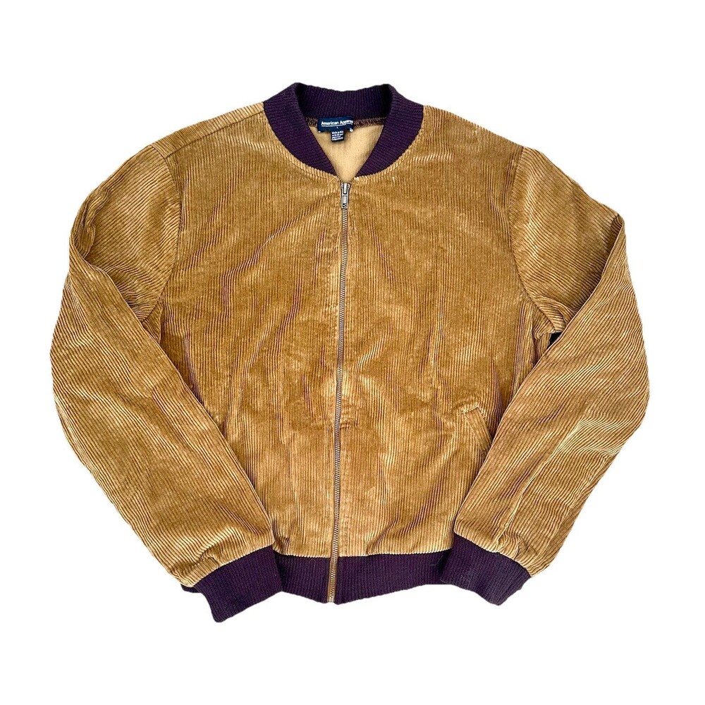 American Apparel Corduroy Bomber Jacket in Tan with Purple Trim